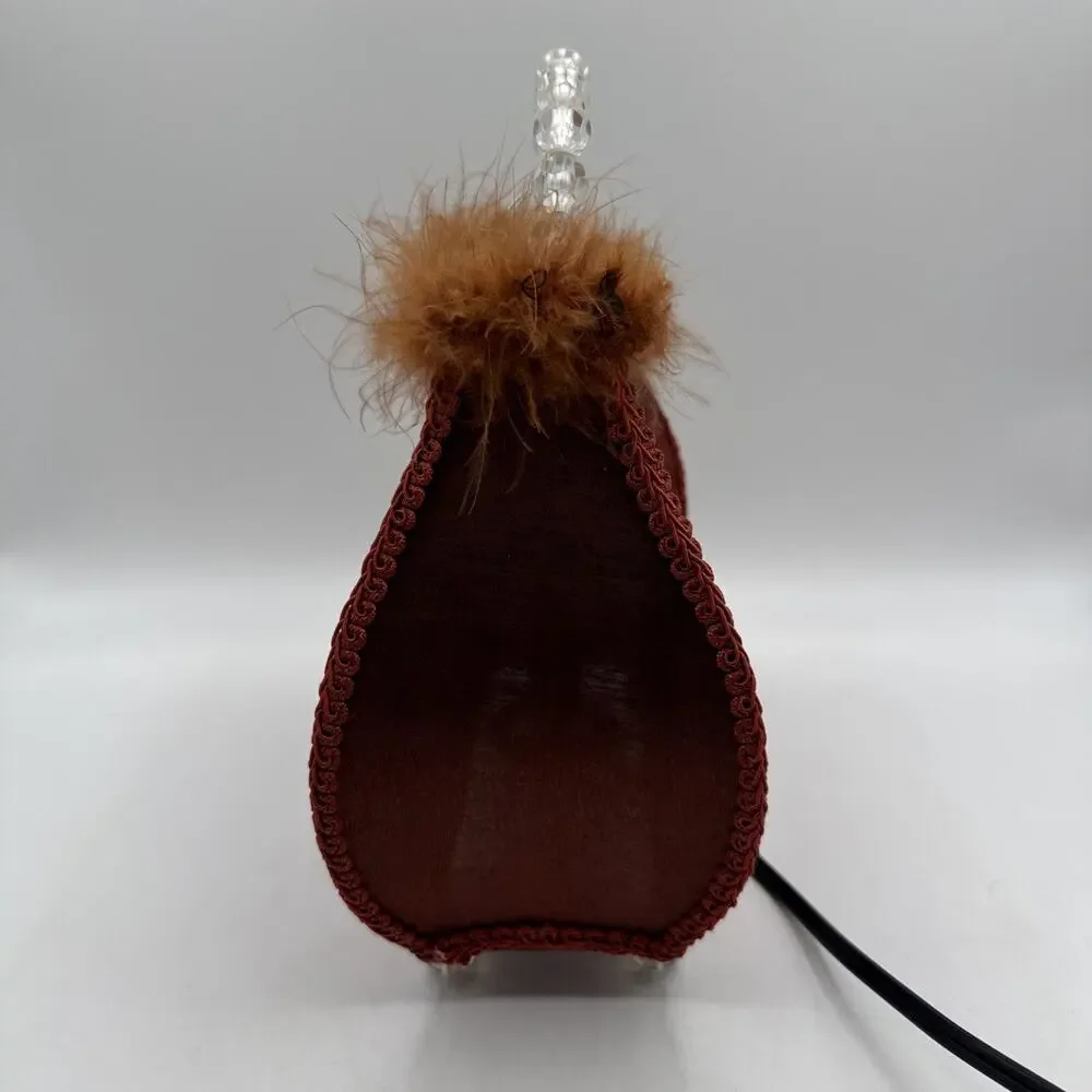 Purse Accent Lamp Shabby Chic Brown Fabric Beaded Handle Feather Boho 10.5 Tall